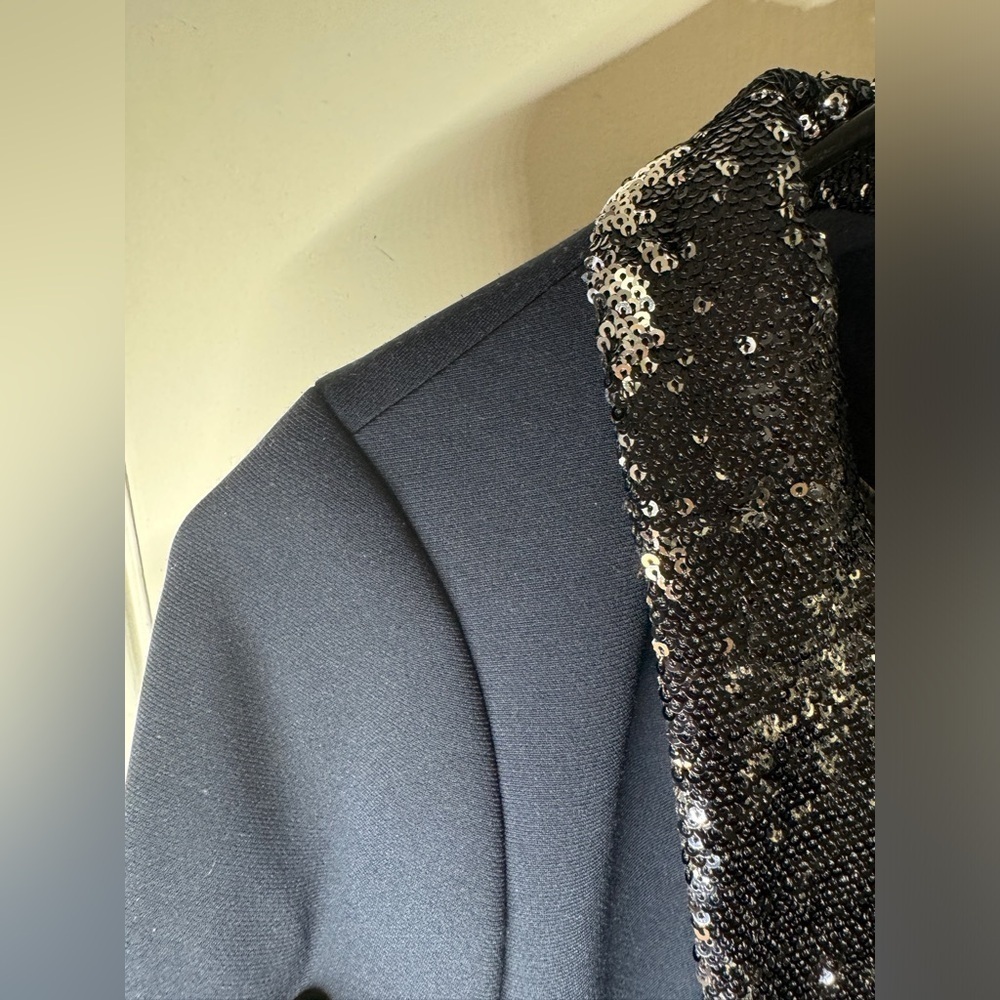 Maison Scotch Navy Blue Black Sequin Single Button Closure Tuxedo Blazer Size 1 - Picture 4 of 16